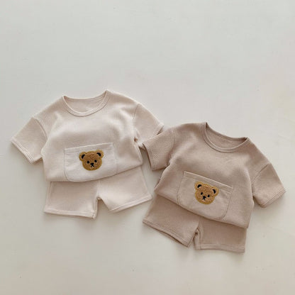 【BABY】夏新作 ワッフル大ポケットくまセットアップSK092621