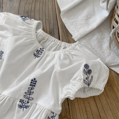 【BABY】夏新作 無地刺繍パフスリーブロンパースSK082514