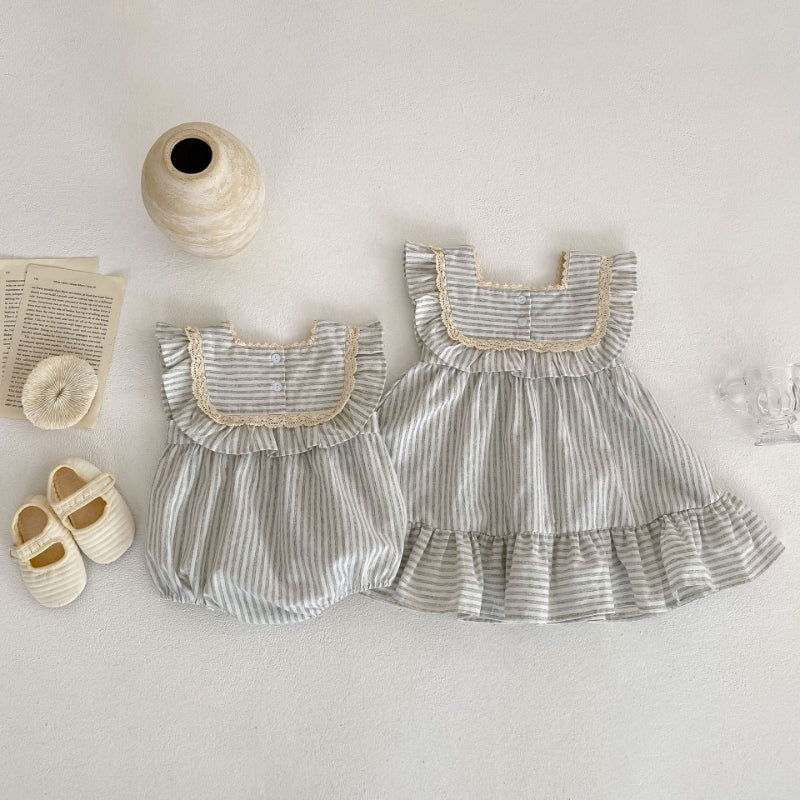 【姉妹服】夏新作 ストライプフリルロンパース、ワンピースSK072318
