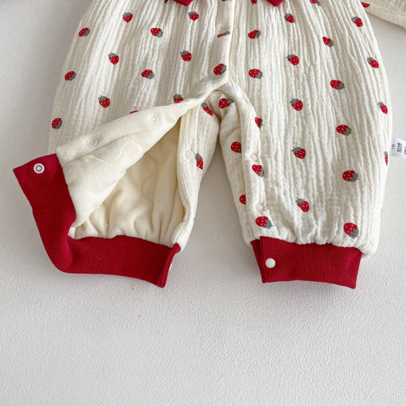 【BABY】冬新作大きなリボン付きいちご裏起毛カバーオールSK102711