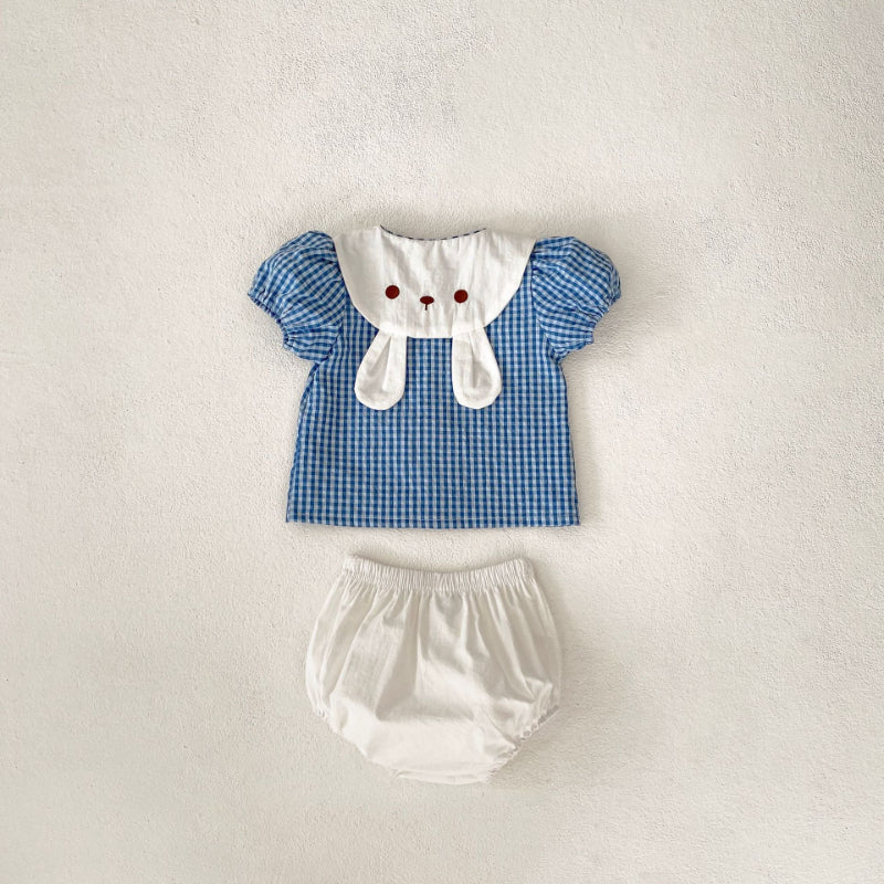 【BABY】夏新作 うさぎ襟チェックトップス&ショートパンツセットアップSK072307