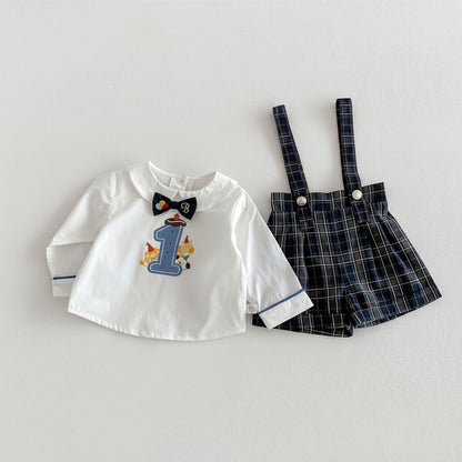 【BABY&KID】韓国風リボンタイシャツ、サロペットショーツSK103522