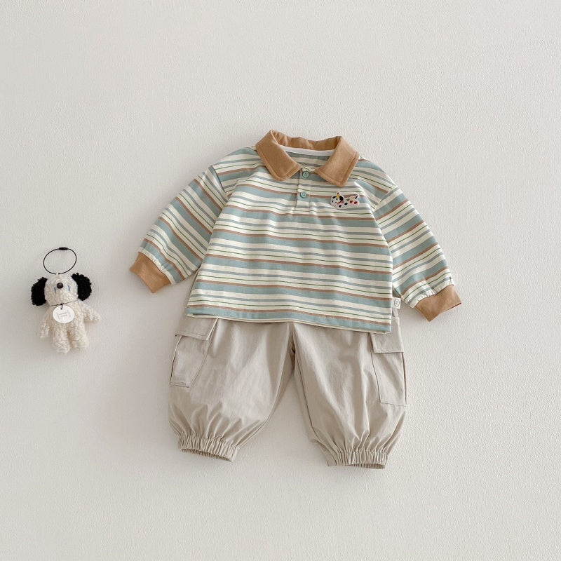 【BABY&KID】韓国風マルチボーダーPolo長袖TシャツSK104308