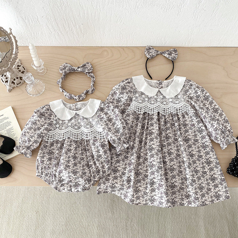 【姉妹服】森ガール風レース花柄ロンパース、ワンピースSK101127