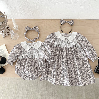 【姉妹服】森ガール風レース花柄ロンパース、ワンピースSK101127