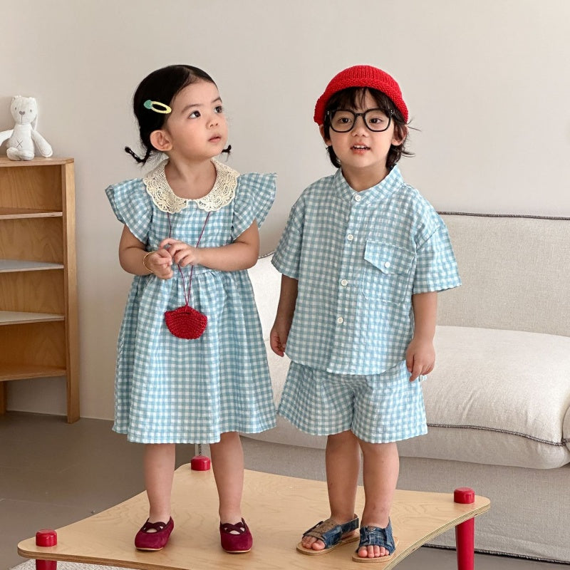 【BABY&KID】夏新作ブルーホワイトチェックセットアップ、ワンピースSK104702