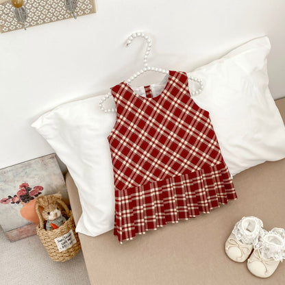 【BABY&KID】学院風チェックワンピース、さくらんぼ刺繍襟ＴシャツSK100842