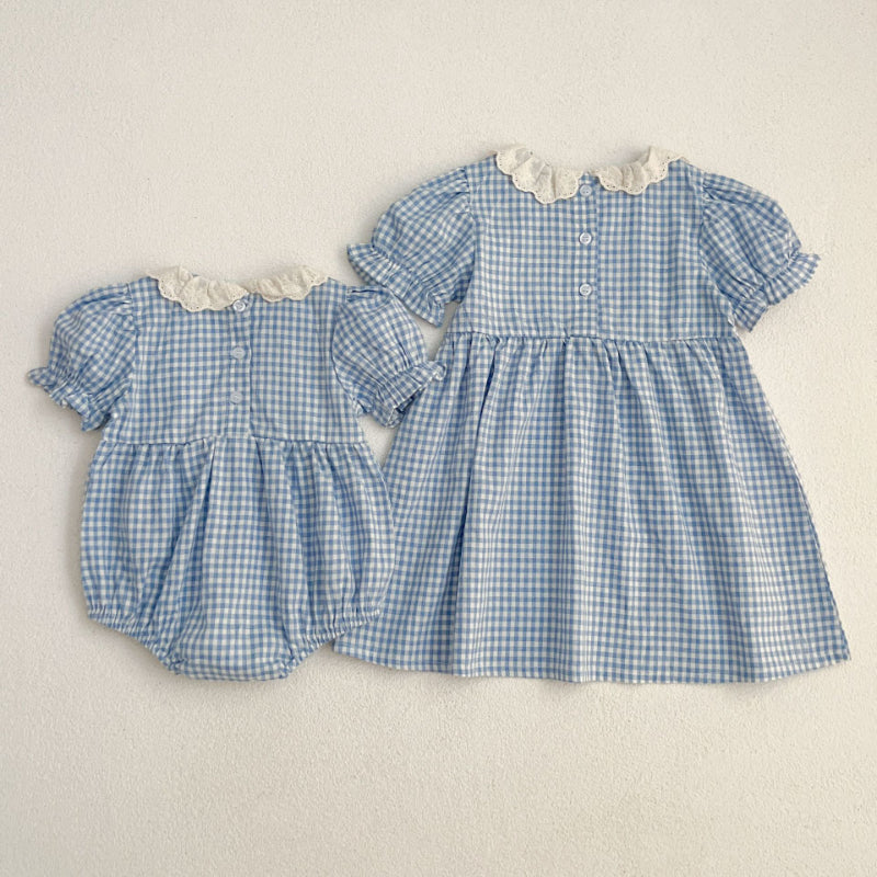 【姉妹服】夏新作 レース襟チェックロンパース、ワンピースSK072319