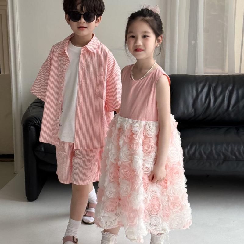 【BABY&KID】夏新作 ボーダーセットアップ、立体フラワーワンピースSK080520