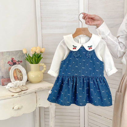【BABY&KID】リボンジャンパースカート、さくらんぼ刺繍襟ＴシャツSK100843