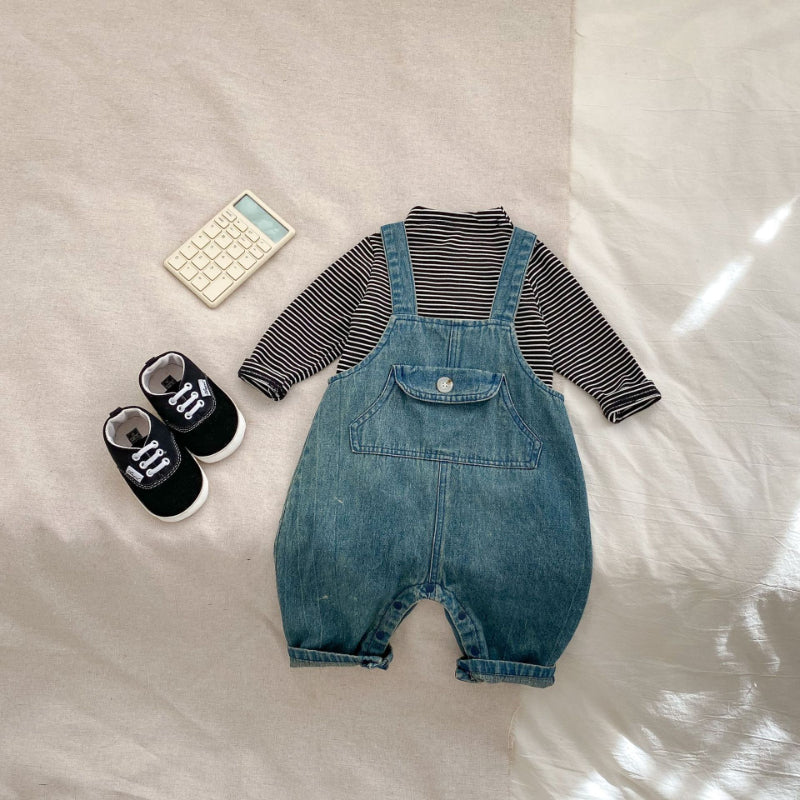【BABY】無地デニムサロペット、ボーダーTシャツSK100632