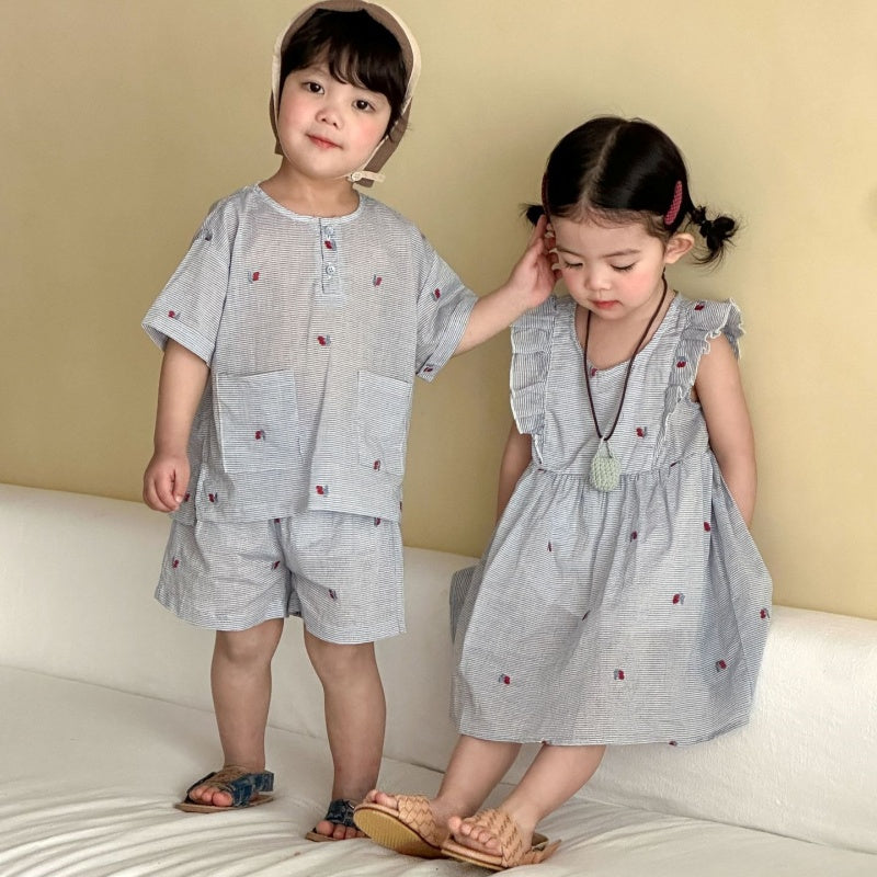 【BABY&KID】夏新作ブルーホワイトストライプセットアップ、ワンピースSK104723