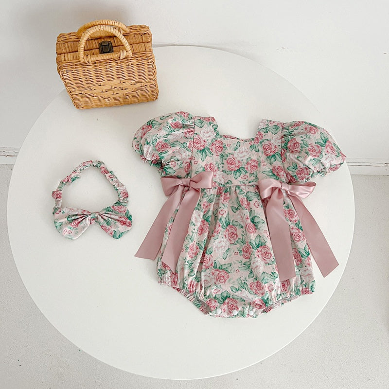【姉妹服】夏新作 ローズプリントリボンロンパース、ワンピースSK072520