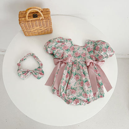 【姉妹服】夏新作 ローズプリントリボンロンパース、ワンピースSK072520