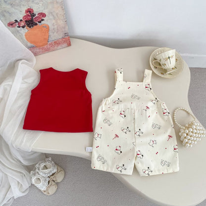 【BABY&KID】夏新作いぬプリントサロペットショートパンツ＆無地タンクトップSK105509