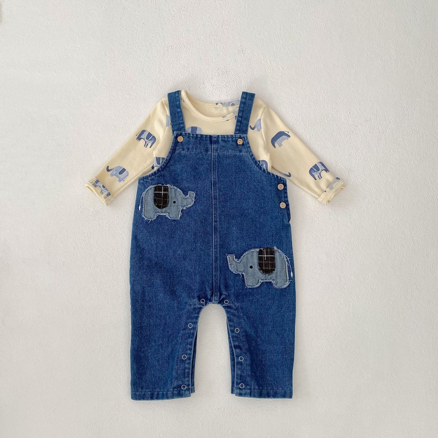 【BABY&KID】ゾウ柄デニムサロペット、ゾウ柄ＴシャツSK062403