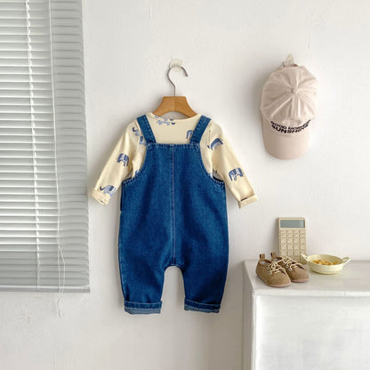 【BABY&KID】ゾウ柄デニムサロペット、ゾウ柄ＴシャツSK062403