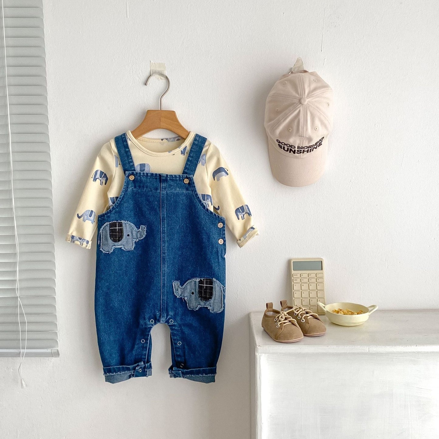 【BABY&KID】ゾウ柄デニムサロペット、ゾウ柄ＴシャツSK062403