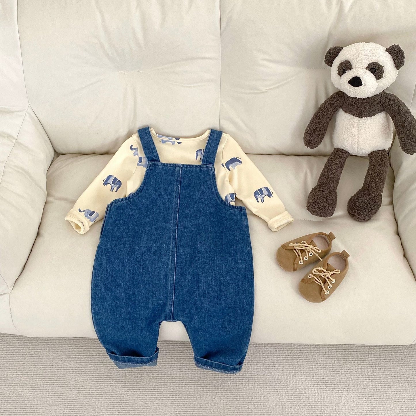 【BABY&KID】ゾウ柄デニムサロペット、ゾウ柄ＴシャツSK062403