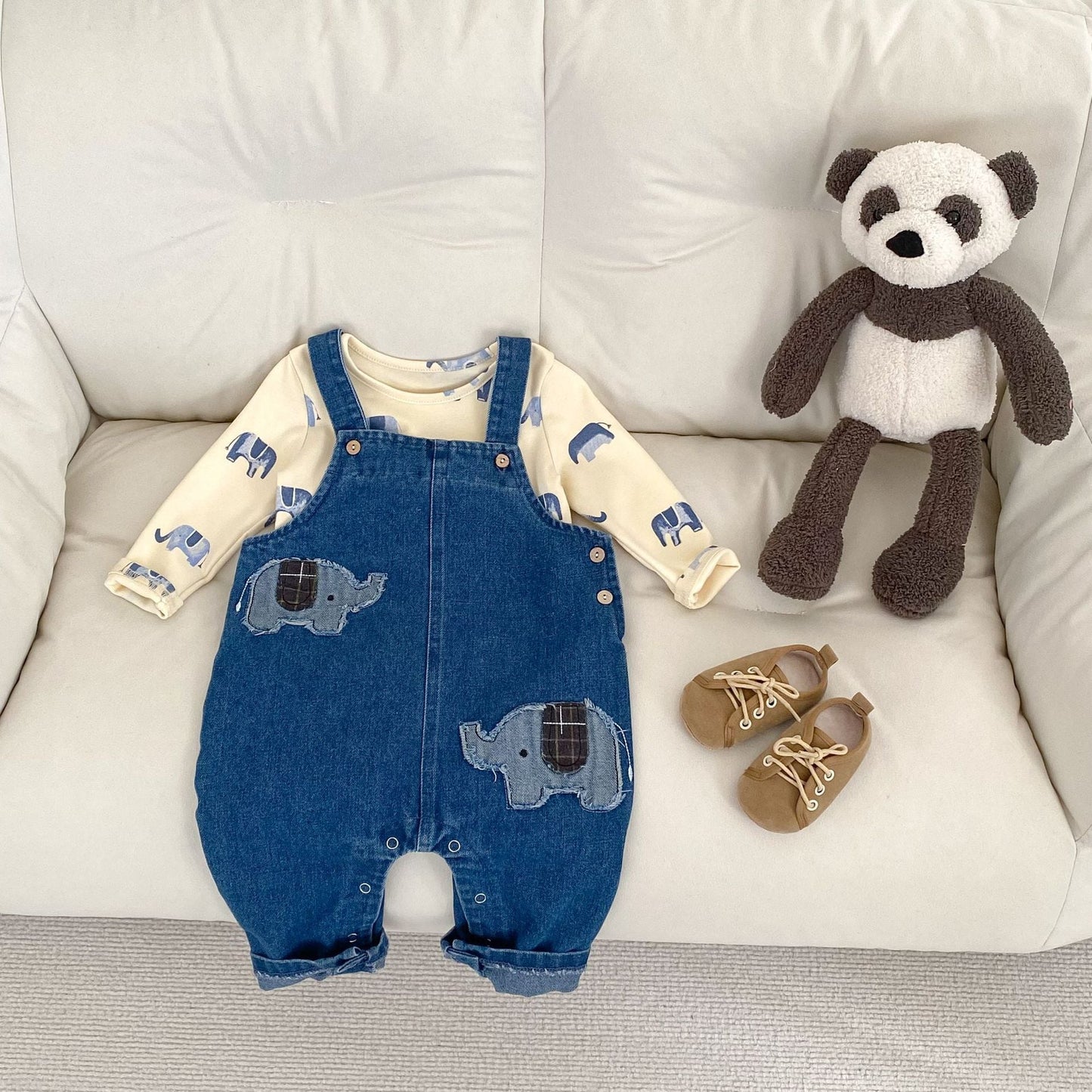 【BABY&KID】ゾウ柄デニムサロペット、ゾウ柄ＴシャツSK062403
