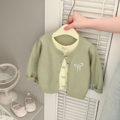 【BABY&KID】フェイクレイヤード蝶結び刺繍ニットカーディガンSK100213