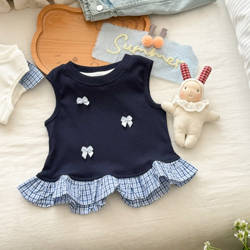 【BABY&KID】夏新作 蝶結び切替チェックフリルトップスTシャツSK092227