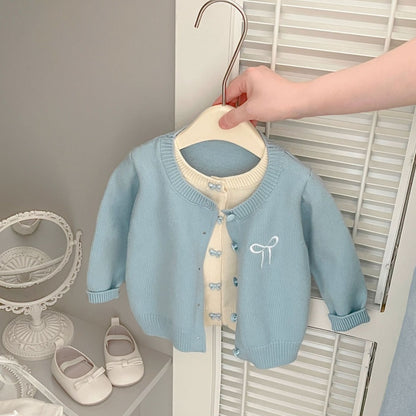 【BABY&KID】フェイクレイヤード蝶結び刺繍ニットカーディガンSK100213