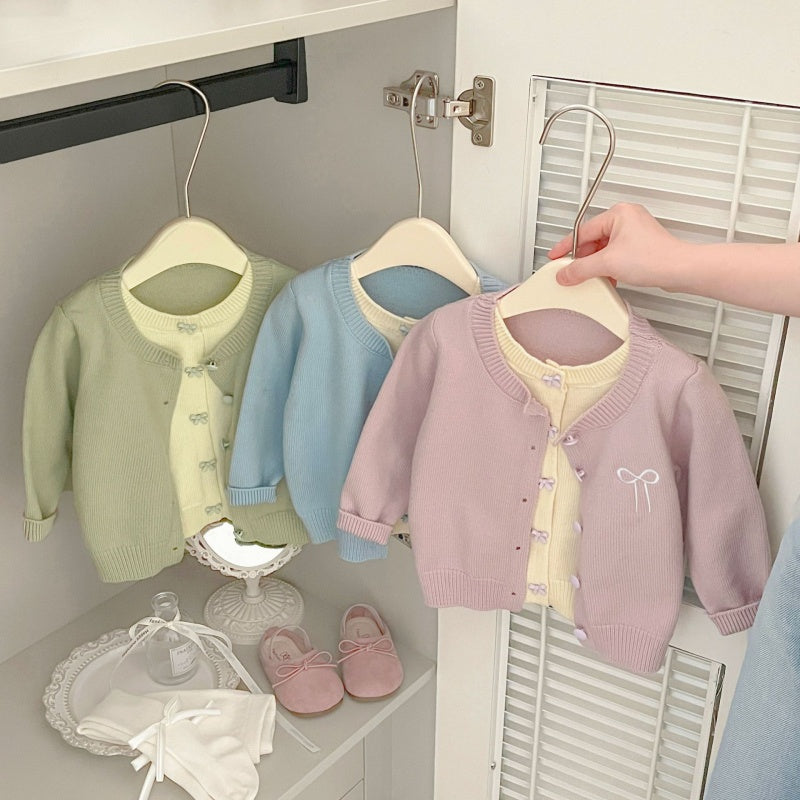【BABY&KID】フェイクレイヤード蝶結び刺繍ニットカーディガンSK100213