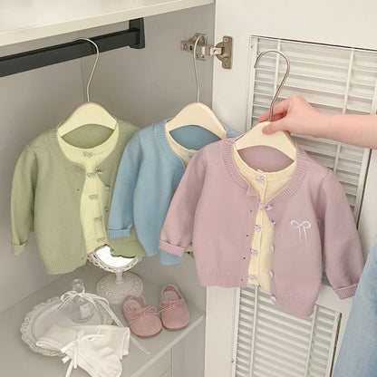 【BABY&KID】フェイクレイヤード蝶結び刺繍ニットカーディガンSK100213
