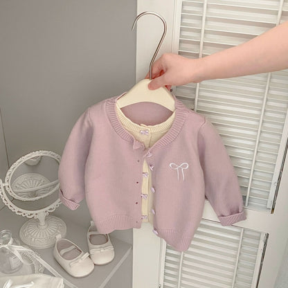 【BABY&KID】フェイクレイヤード蝶結び刺繍ニットカーディガンSK100213