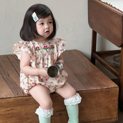 【BABY】夏新作 フラワー、チェック刺繍ロンパースSK082308