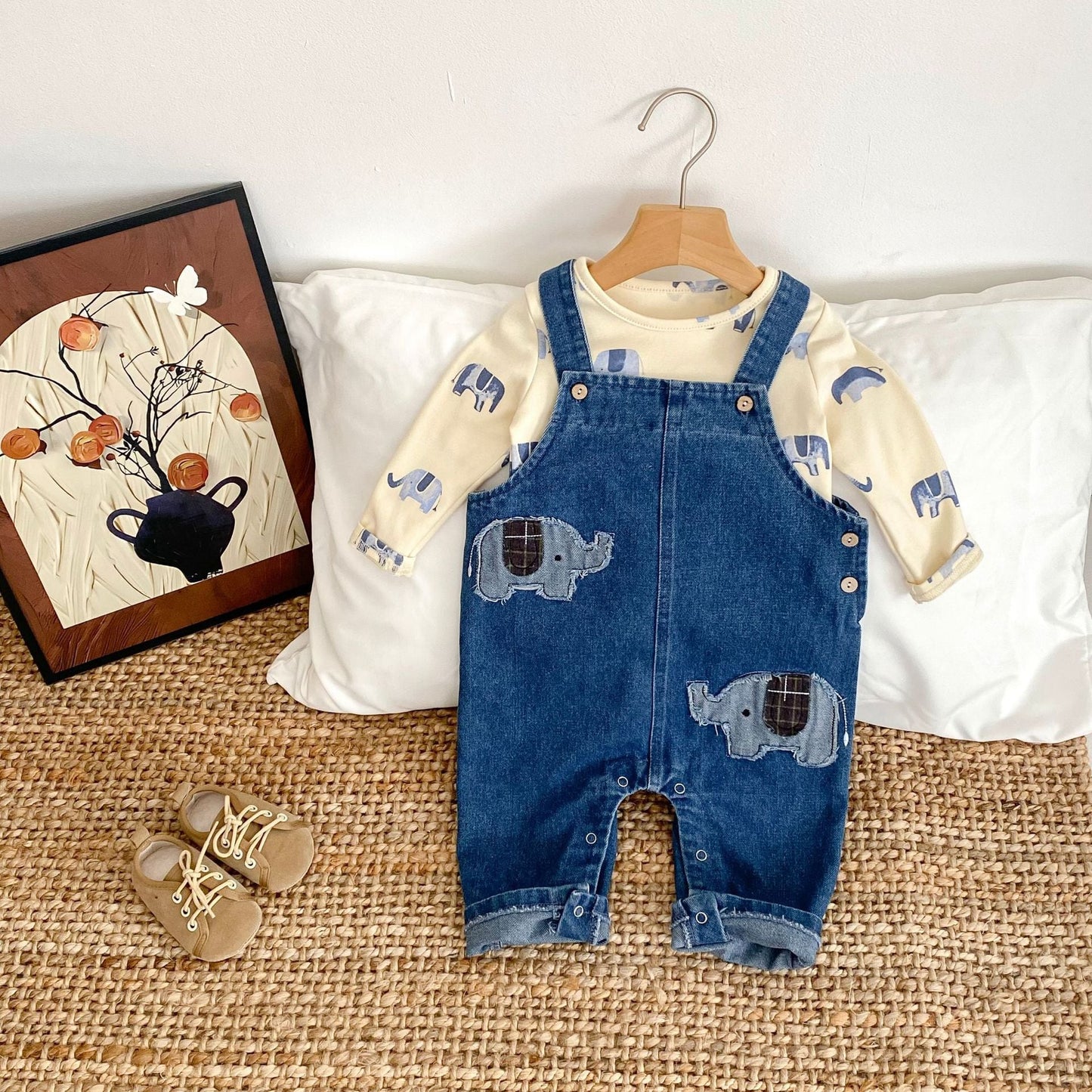 【BABY&KID】ゾウ柄デニムサロペット、ゾウ柄ＴシャツSK062403