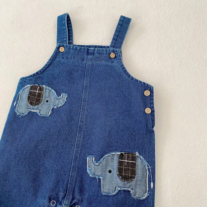 【BABY&KID】ゾウ柄デニムサロペット、ゾウ柄ＴシャツSK062403