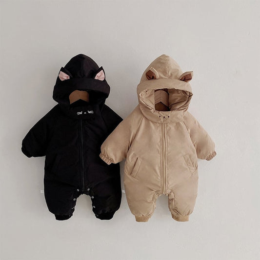 【BABY&KID】冬新作ネコ柄帽子付き中綿キルティングオールインワン　全2色SK11386