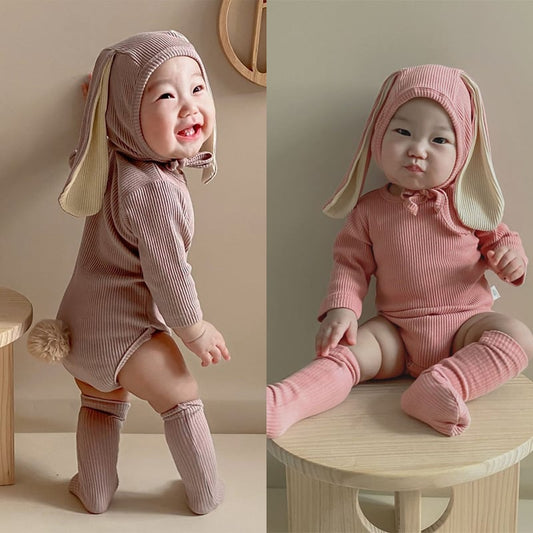 【BABY】ウサギ耳帽子付け純色綿製ロンパースセット２色SK11362