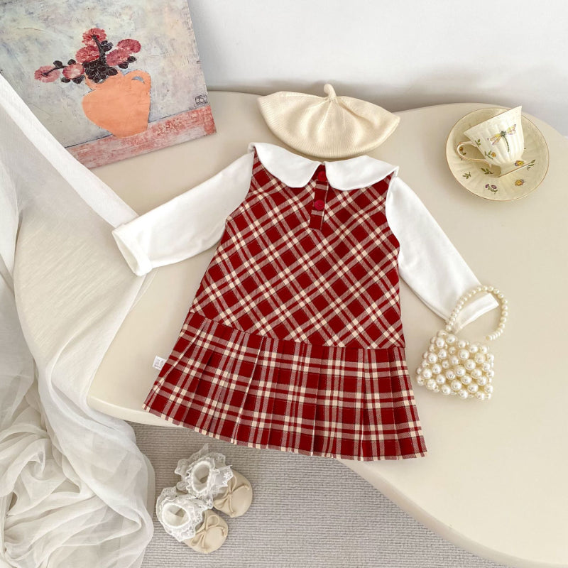 【BABY&KID】学院風チェックワンピース、さくらんぼ刺繍襟ＴシャツSK100842