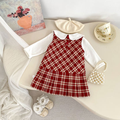 【BABY&KID】学院風チェックワンピース、さくらんぼ刺繍襟ＴシャツSK100842