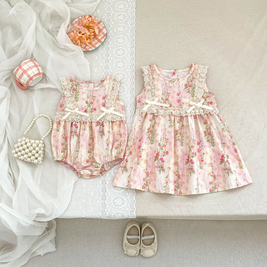 【姉妹服】夏新作 レース小花柄ロンパース、ワンピースSK081617