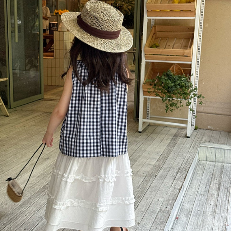 【BABY&KID】夏新作 ノースリーブチェックガールシャツ、無地スカートSK092632