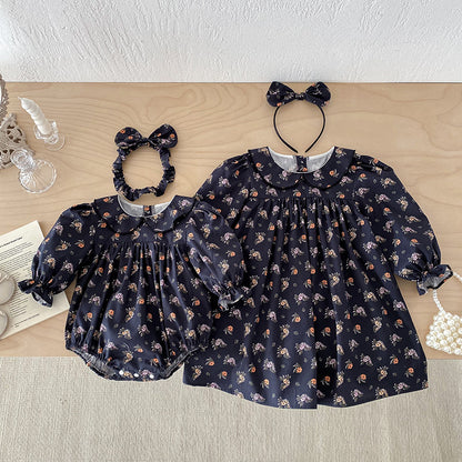 【姉妹服】レトロ花柄ロンパース、ワンピースSK101126