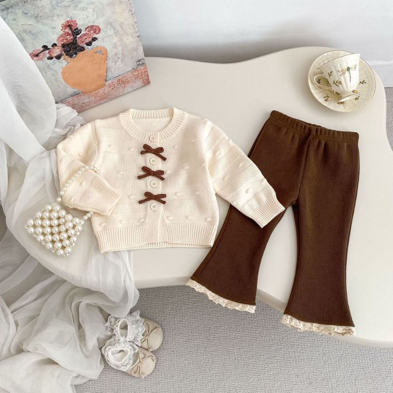 【BABY&KID】蝶結びニットカーデ、裏起毛レースパンツSK101438