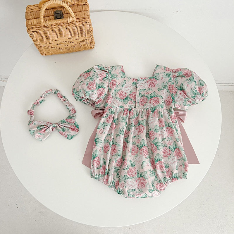 【姉妹服】夏新作 ローズプリントリボンロンパース、ワンピースSK072520