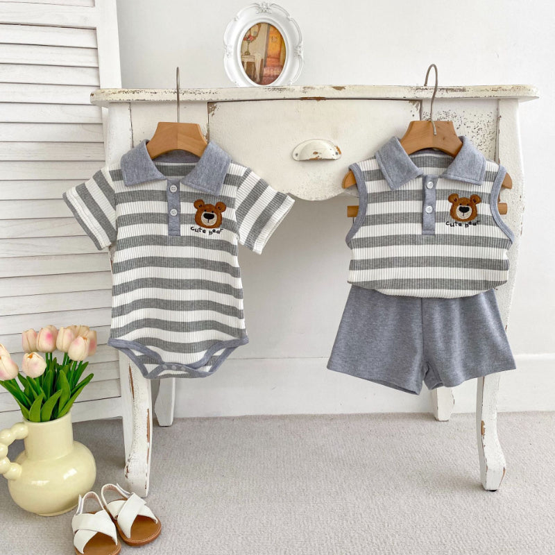 【BABY&KID】夏新作 ストライプくまロンパース、セットアップSK072524
