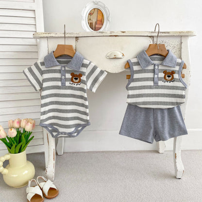 【BABY&KID】夏新作 ストライプくまロンパース、セットアップSK072524