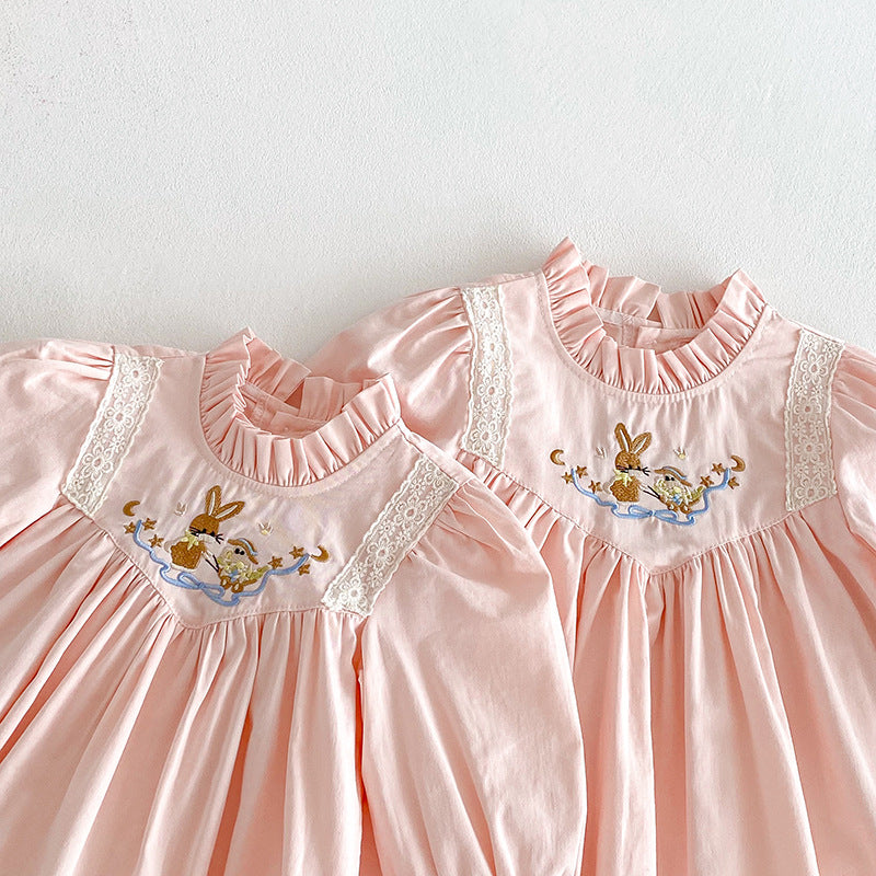 【姉妹服】うさぎ刺繍ロンパース、ワンピースSK101129