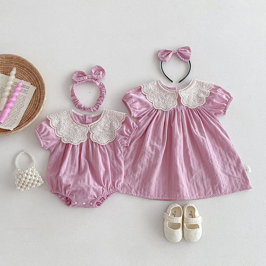 【姉妹服】夏新作 レース刺繍襟ロンパース、ワンピースSK081627