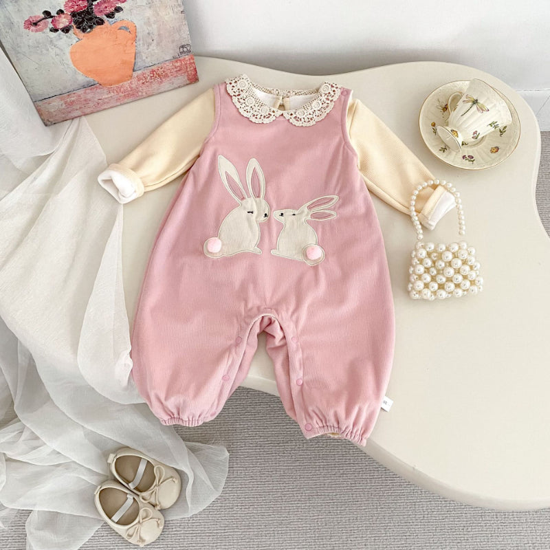 【BABY】うさぎ刺繍裏起毛サロペット、レーストップスSK101423