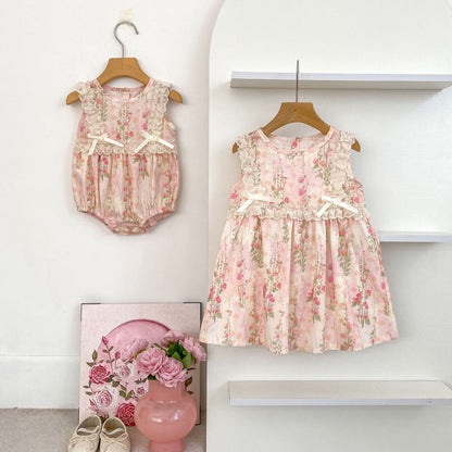 【姉妹服】夏新作 レース小花柄ロンパース、ワンピースSK081617