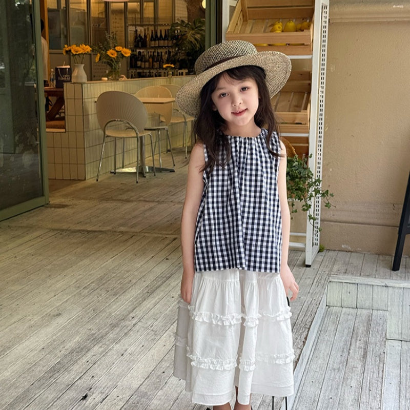 【BABY&KID】夏新作 ノースリーブチェックガールシャツ、無地スカートSK092632