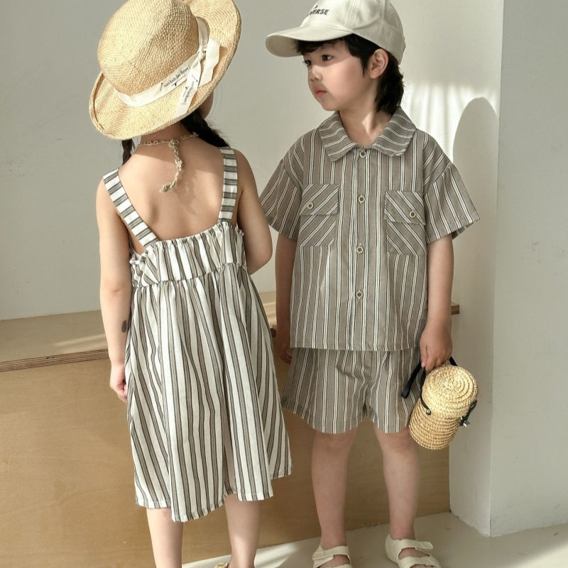 【BABY＆KID】夏新作 ストライプシャツセット、サスペンダーワンピースSK063021